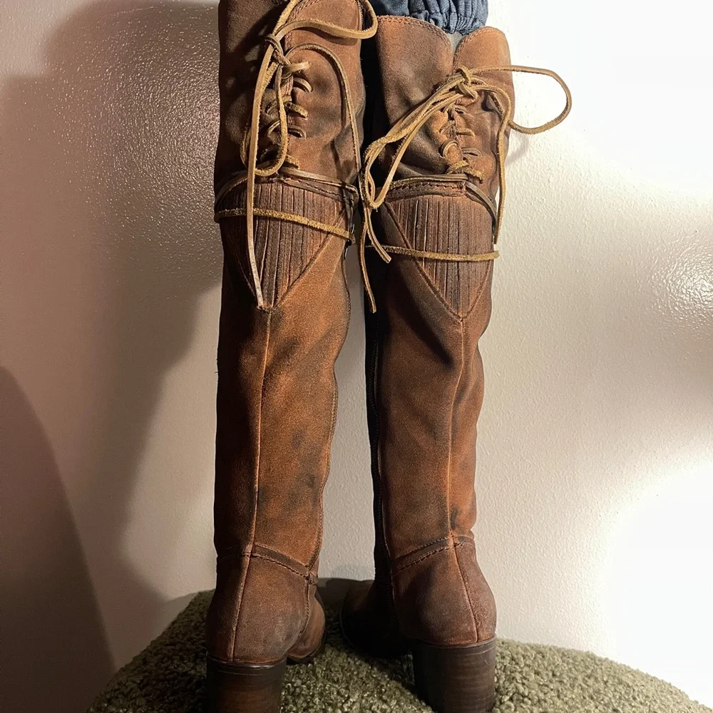 Free bird BLAIN over-the-knee‎ suede boots brown distressed 7.5